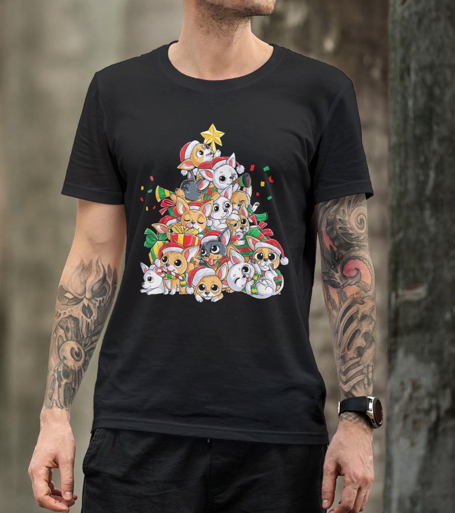 Chihuahua Christmas Tree Festive Dogs With Santa Hats And Presents T-Shirt
