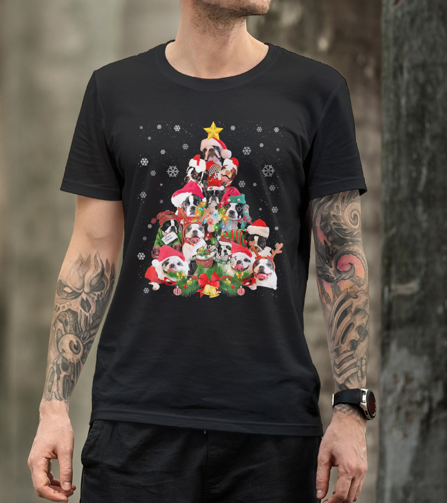 Boston Terriers Christmas Tree Snowflakes And Santa Hats T-Shirt