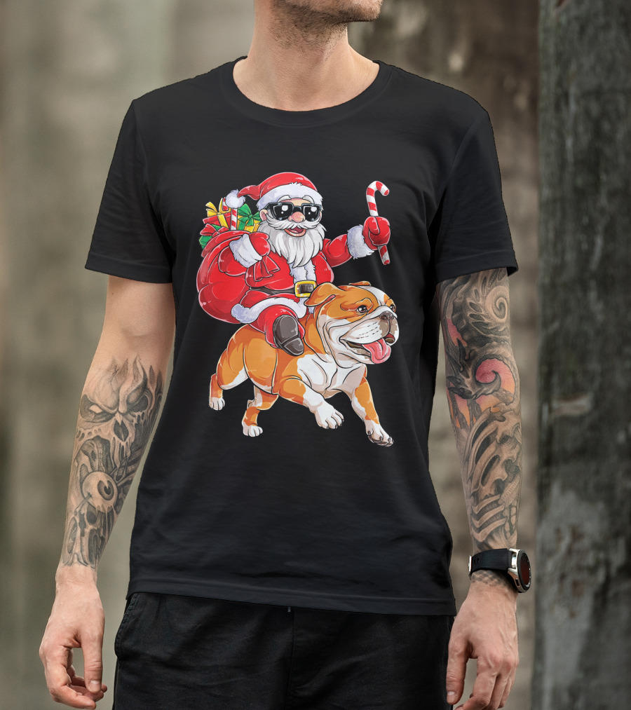 Santa Riding English Bulldog Christmas College Holiday T-Shirt