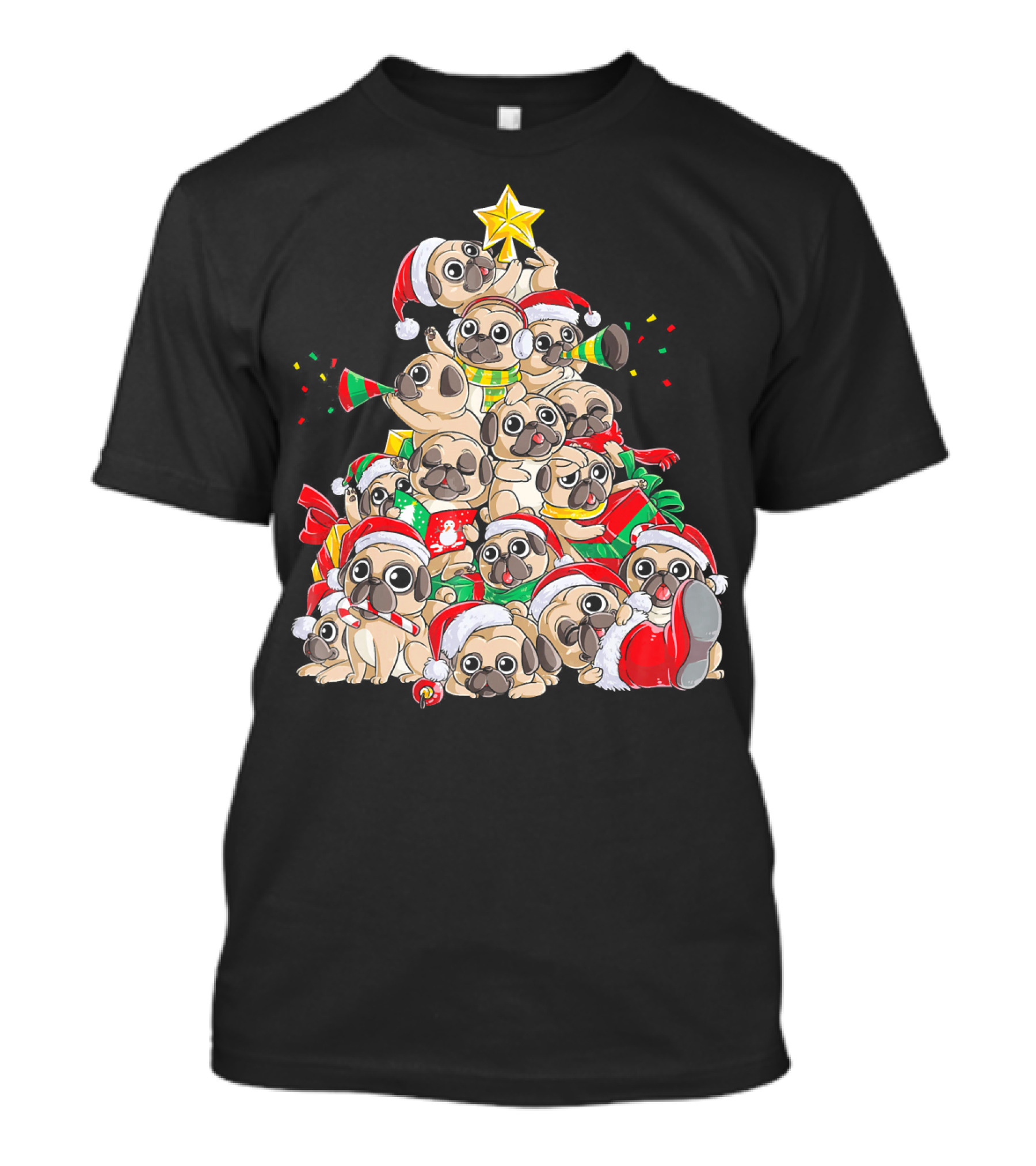 Merry Pugmas Christmas Tree With Pugs In Santa Hats T-Shirt