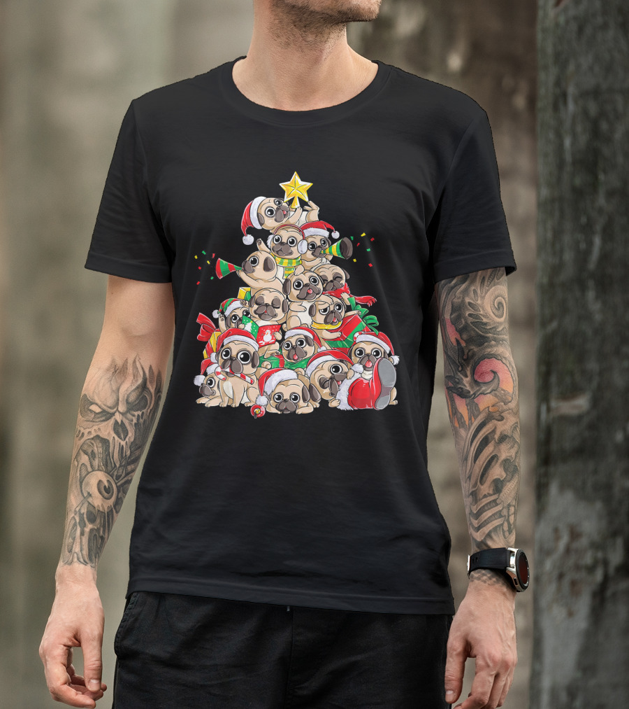 Merry Pugmas Christmas Tree With Pugs In Santa Hats T-Shirt