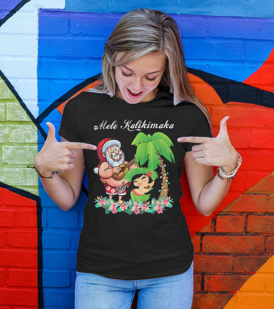 Mele Kalikimaka Christmas Santa Hawaii With Hula Dancer And Palm Tree T-Shirt