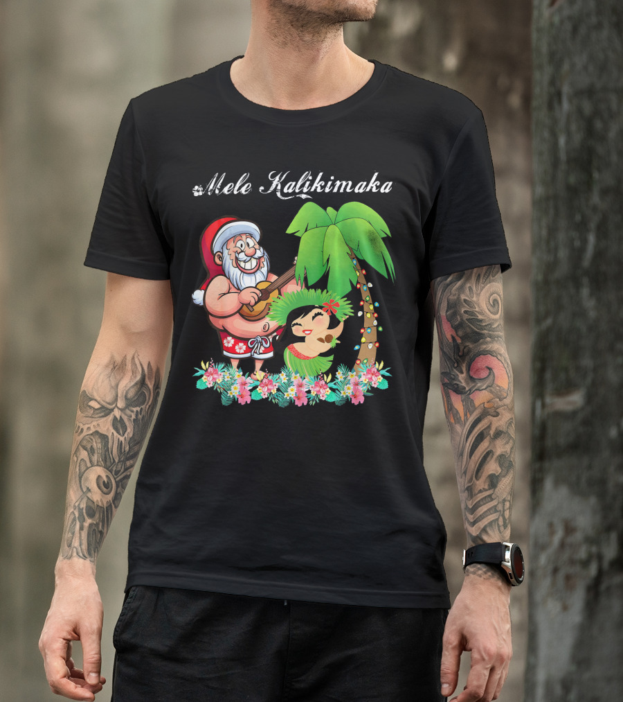 Mele Kalikimaka Christmas Santa Hawaii With Hula Dancer And Palm Tree T-Shirt