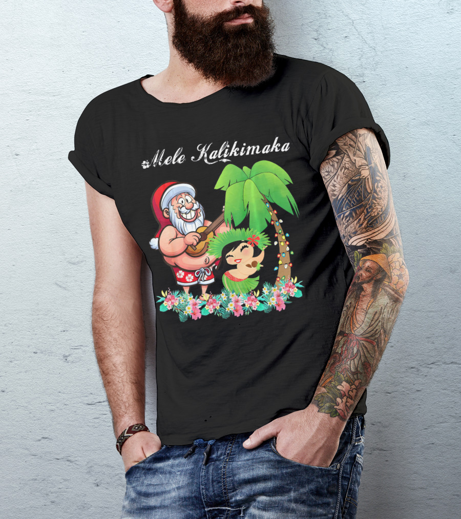 Mele Kalikimaka Christmas Santa Hawaii With Hula Dancer And Palm Tree T-Shirt