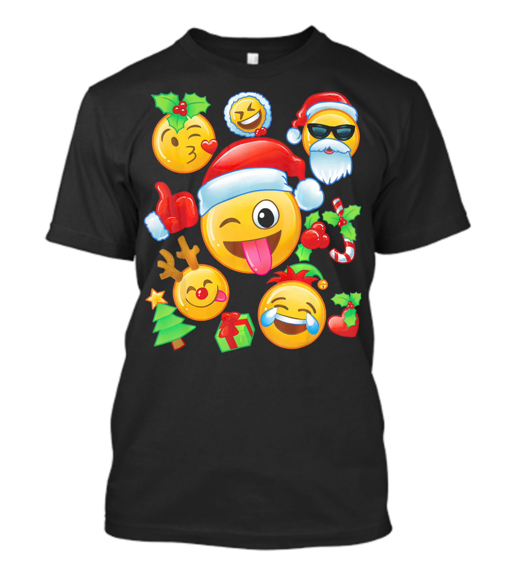 Santa Emoji Christmas Fun With Reindeer Candy Cane Gifts And Holly T-Shirt