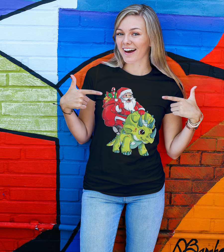 Santa Riding Triceratops Dinosaur Christmas Boys Santa Tric T-Shirt