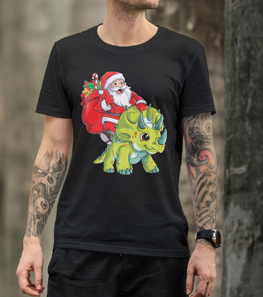 Santa Riding Triceratops Dinosaur Christmas Boys Santa Tric T-Shirt