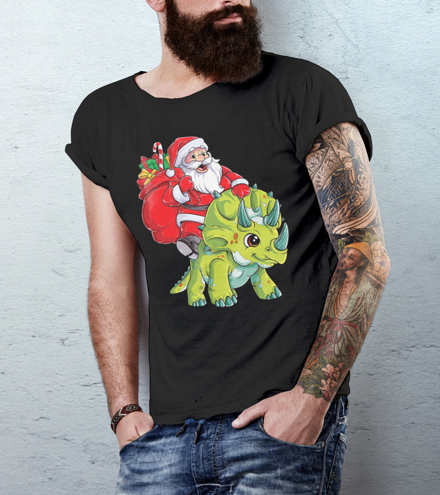 Santa Riding Triceratops Dinosaur Christmas Boys Santa Tric T-Shirt