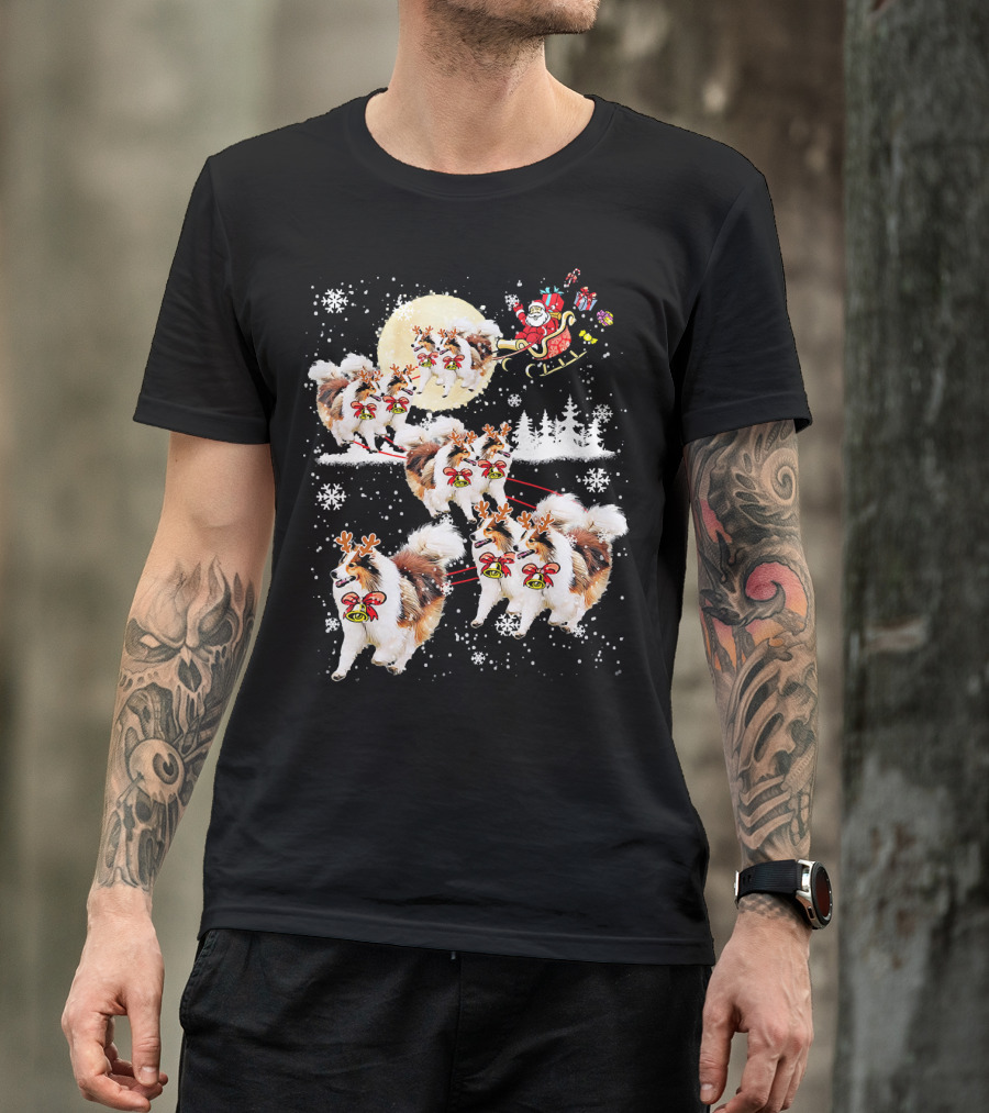 Sheltie Reindeer Christmas Nice Dog Santa Sleigh Moon Snowflakes T-Shirt