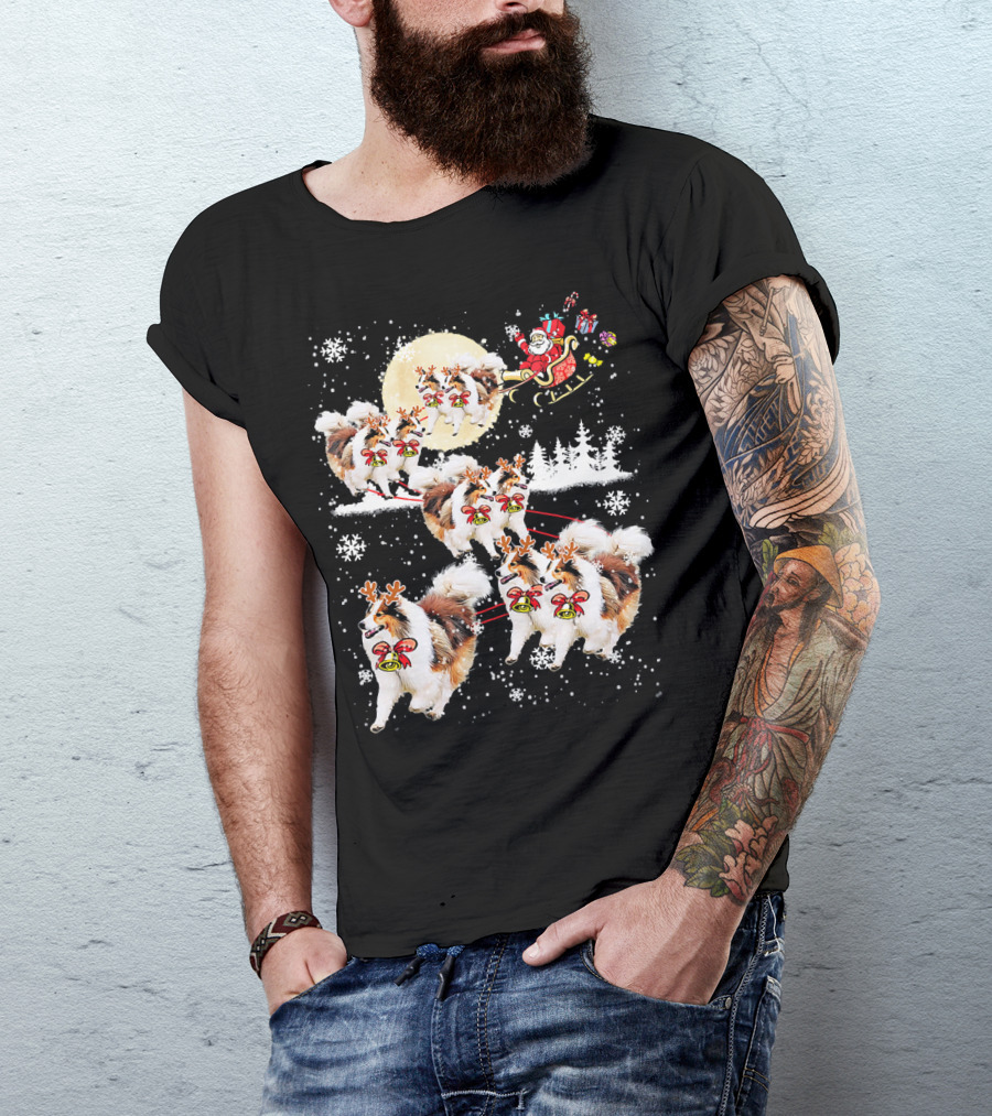 Sheltie Reindeer Christmas Nice Dog Santa Sleigh Moon Snowflakes T-Shirt