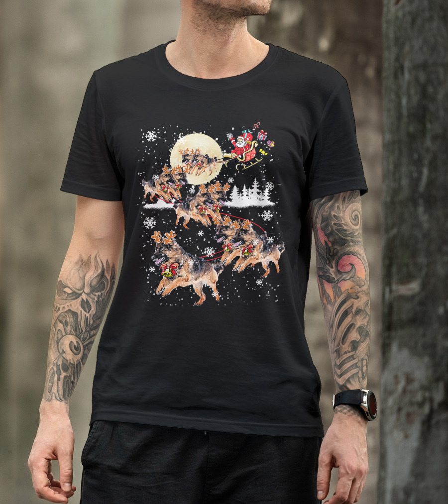 Santa Sleigh German Shepherd Reindeer Christmas Snowflakes Moon T-Shirt