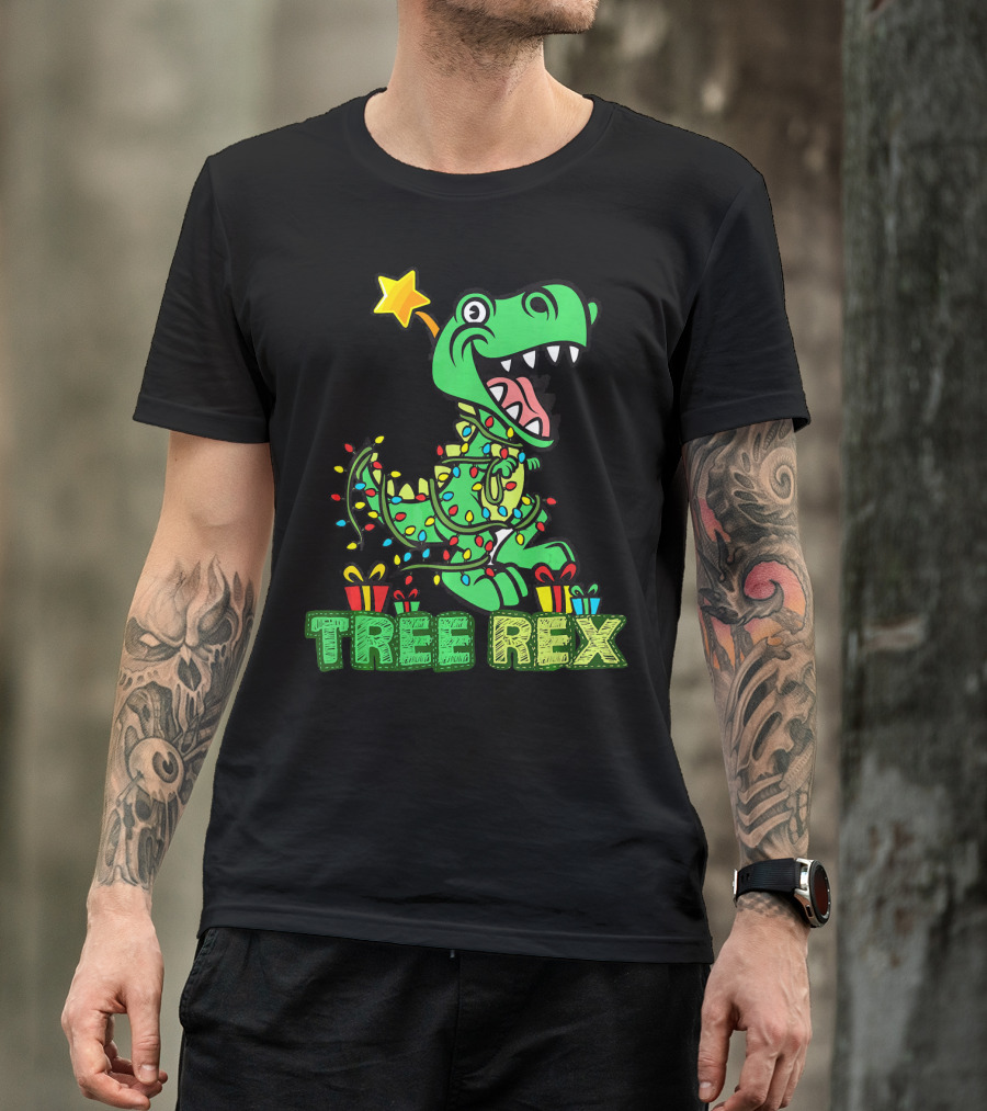 Tree Rex Dinosaur Wrapped In Christmas Lights With Presents And Star T-Shirt