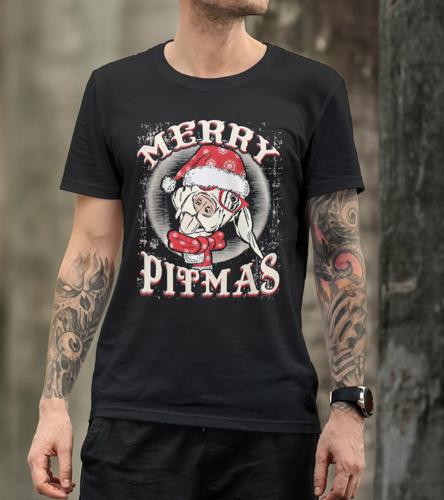 Merry Pitmas Santa Hat Festive Dog T-Shirt