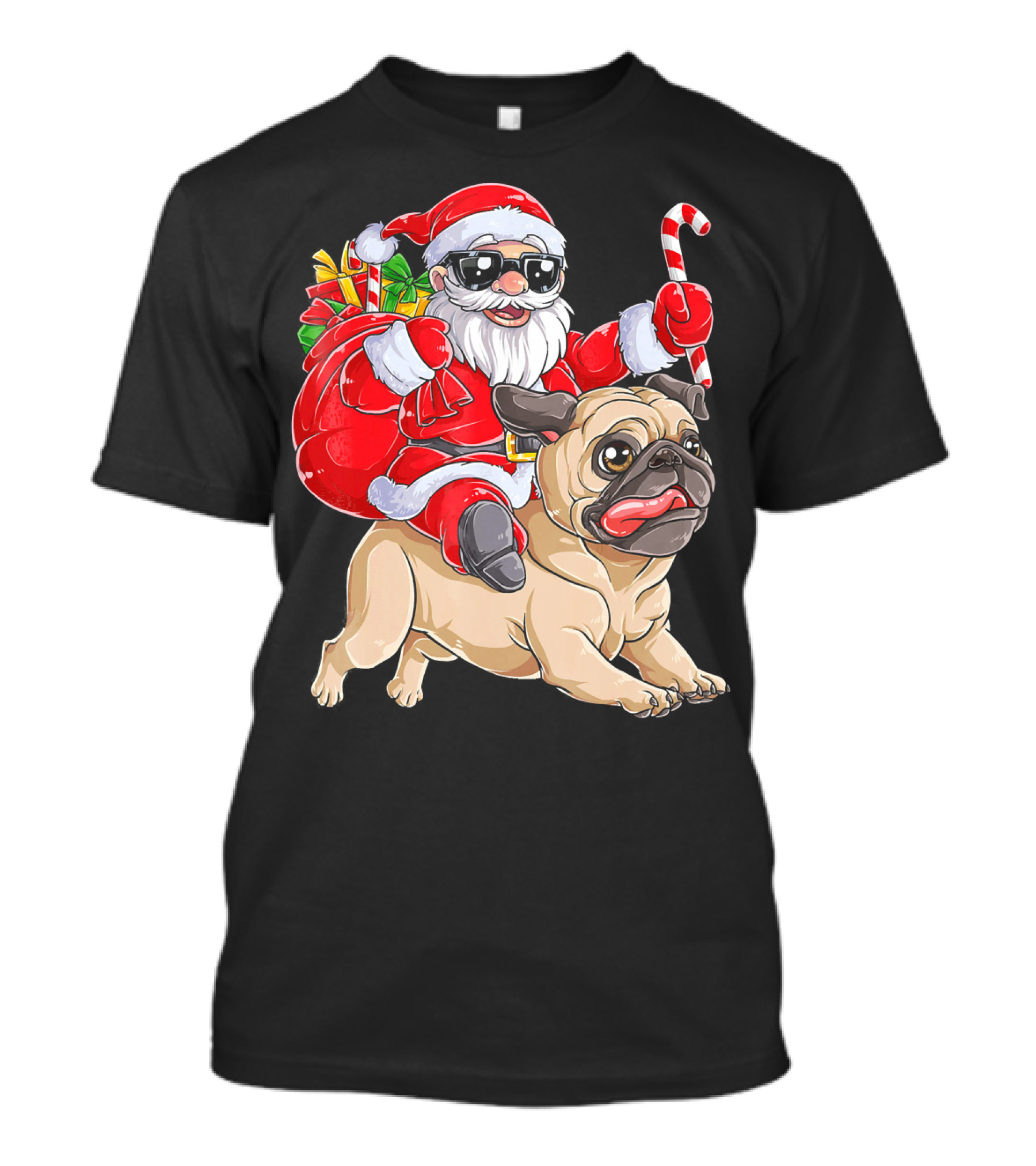 Santa Claus Riding Pug With Candy Cane And Gifts T-Shirt
