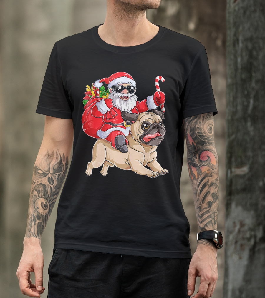 Santa Claus Riding Pug With Candy Cane And Gifts T-Shirt