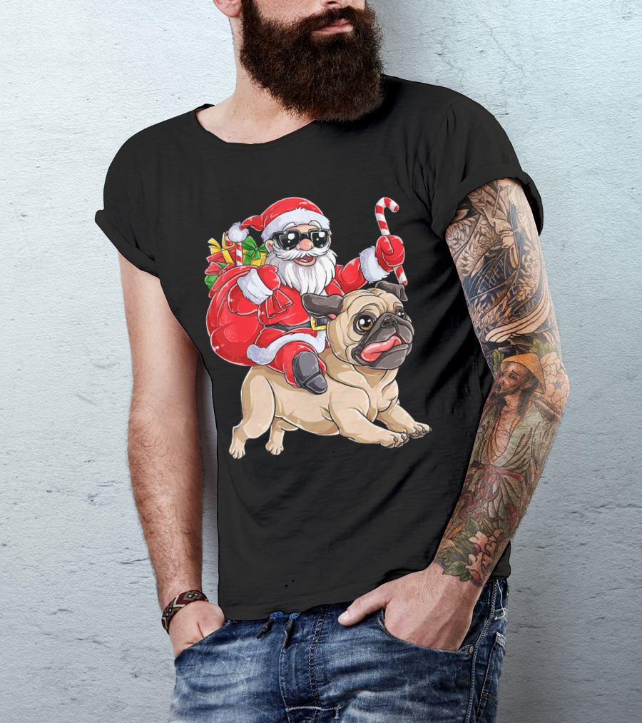 Santa Claus Riding Pug With Candy Cane And Gifts T-Shirt