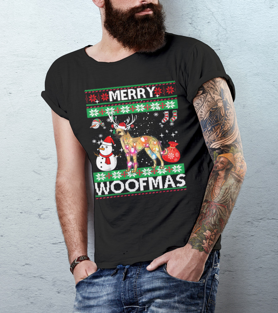 Merry Woofmas Anatolian Shepherd Reindeer Lights Holiday Sweater Snowman Stockings T-Shirt
