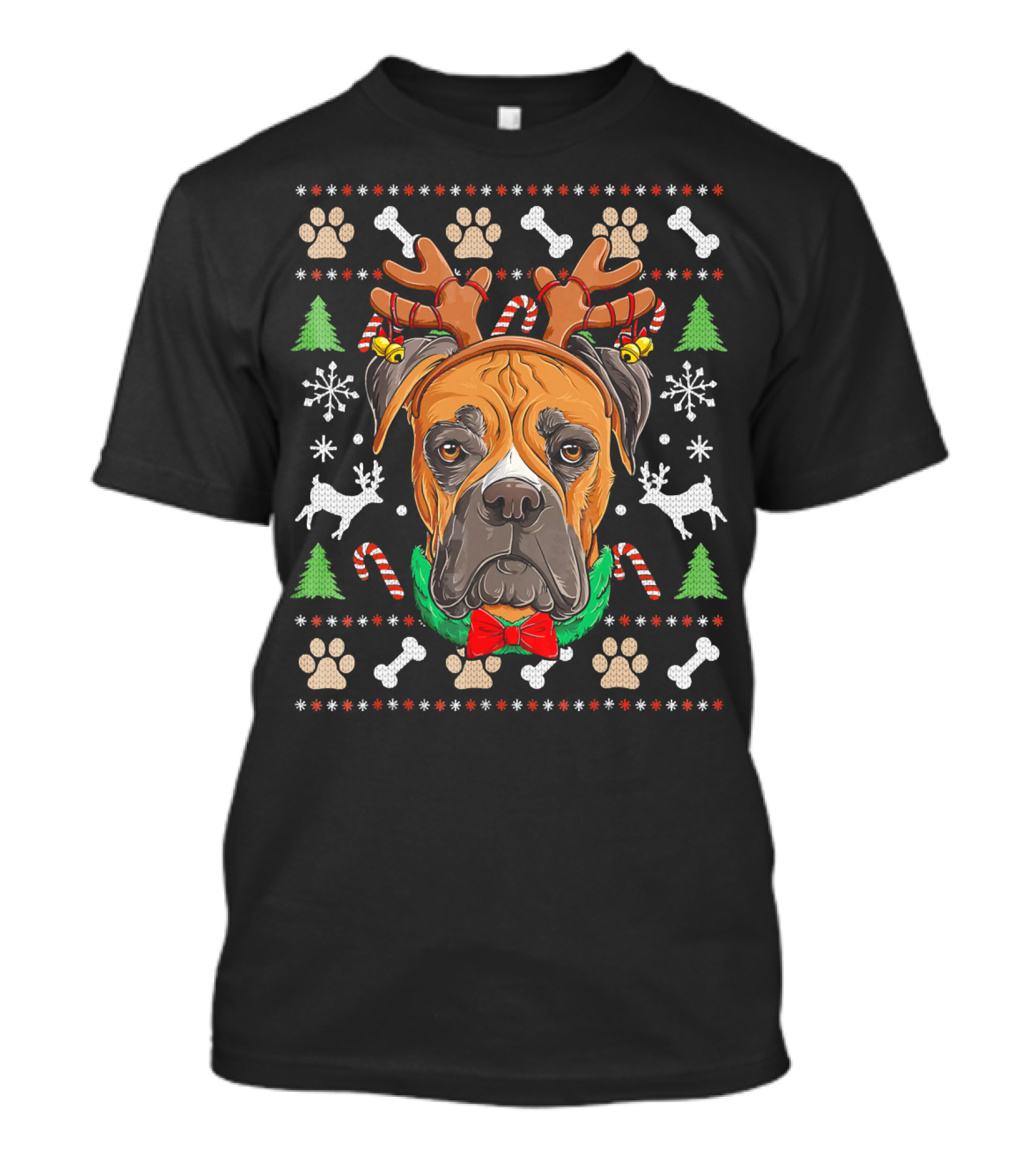 Boxer Ugly Christmas Reindeer Antlers Candy Canes Snowflakes Green Trees T-Shirt