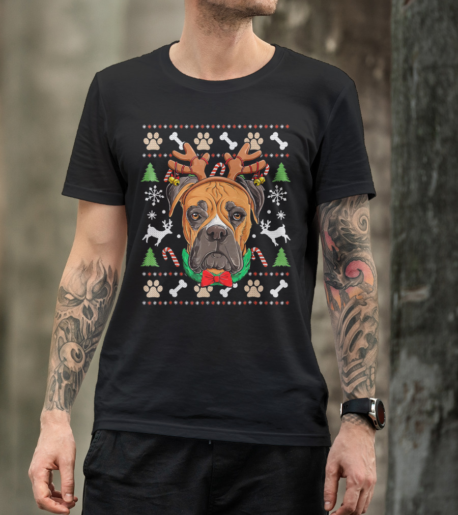 Boxer Ugly Christmas Reindeer Antlers Candy Canes Snowflakes Green Trees T-Shirt