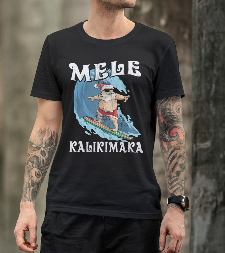 Mele Kalikimaka Funny Santa Surfing Wave T-Shirt