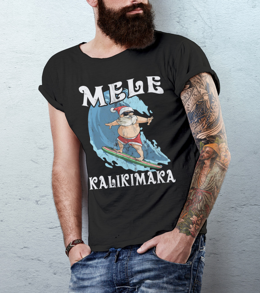 Mele Kalikimaka Funny Santa Surfing Wave T-Shirt