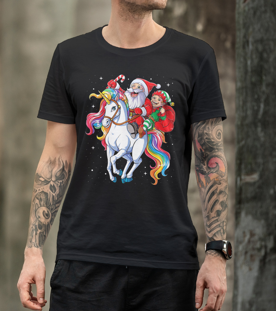 Santa And Elf Riding Rainbow Unicorn Christmas Magic T-Shirt