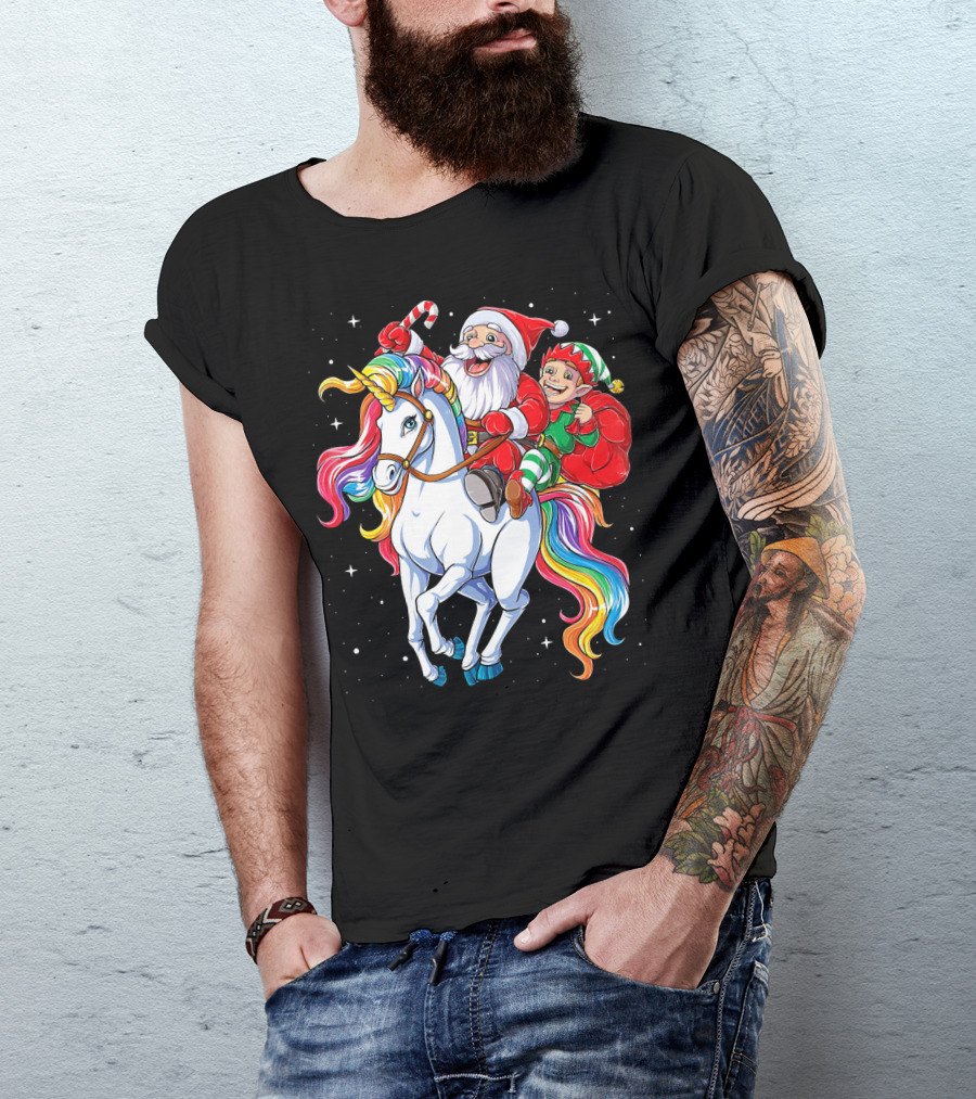 Santa And Elf Riding Rainbow Unicorn Christmas Magic T-Shirt