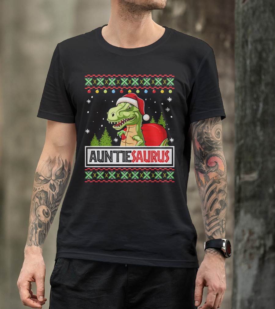 Auntiesaurus Funny Auntie Dinosaur Christmas Sweater T-Rex Santa Hat T-Shirt