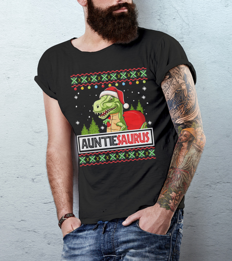 Auntiesaurus Funny Auntie Dinosaur Christmas Sweater T-Rex Santa Hat T-Shirt