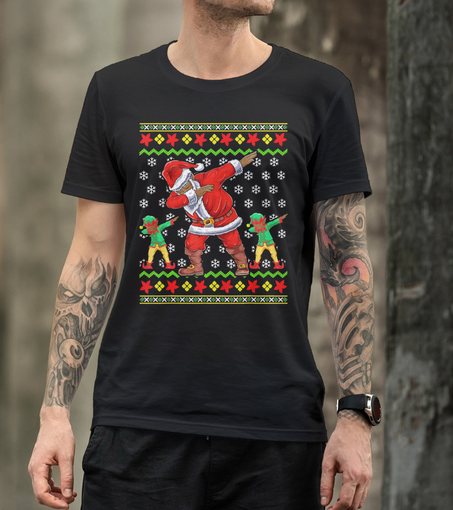 Christmas African American Dabbing Santa With Elves T-Shirt