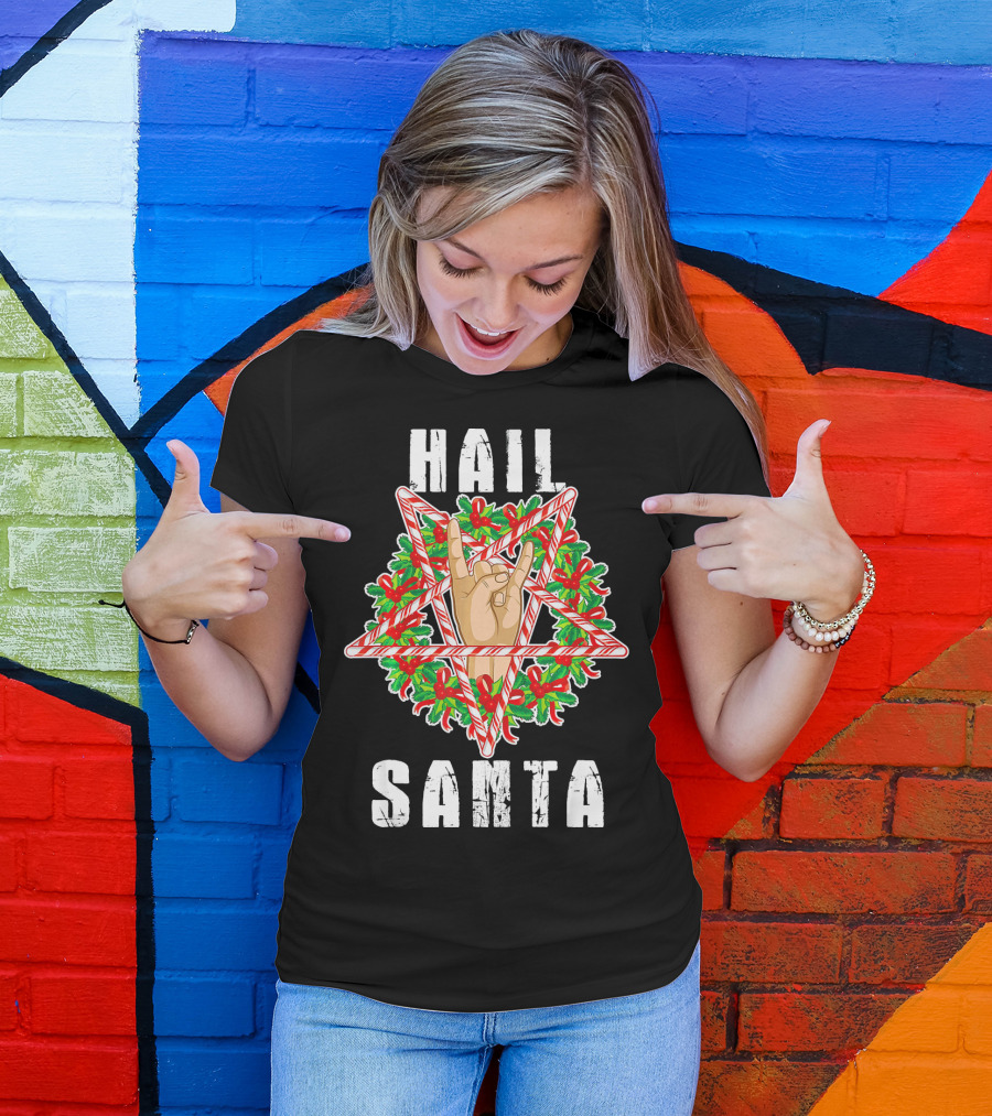 Hail Santa Candy Cane Wreath Hand Sign T-Shirt