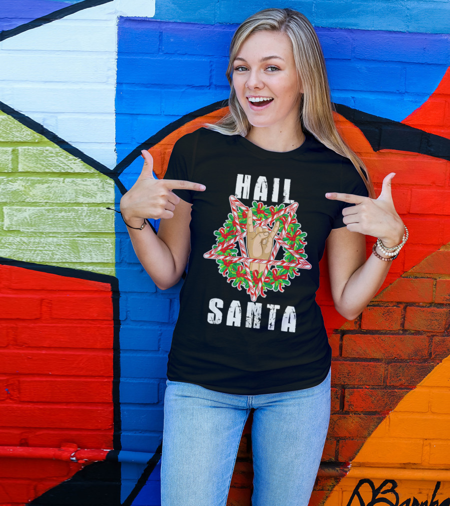 Hail Santa Candy Cane Wreath Hand Sign T-Shirt