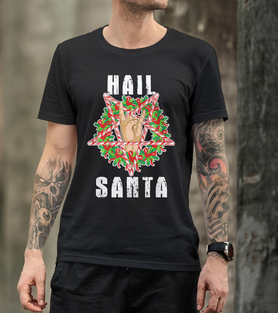 Hail Santa Candy Cane Wreath Hand Sign T-Shirt