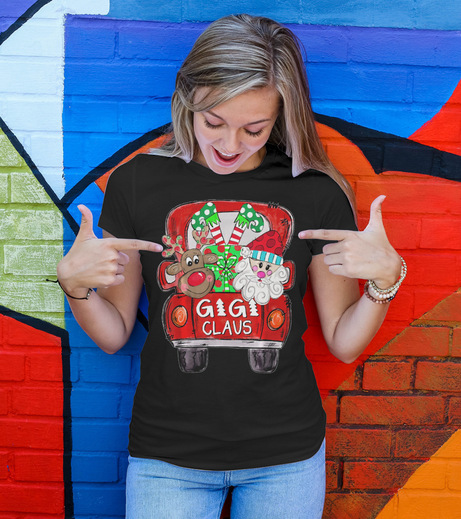 GiGi Claus Christmas Red Truck Reindeer With Gifts And Candy Canes T-Shirt