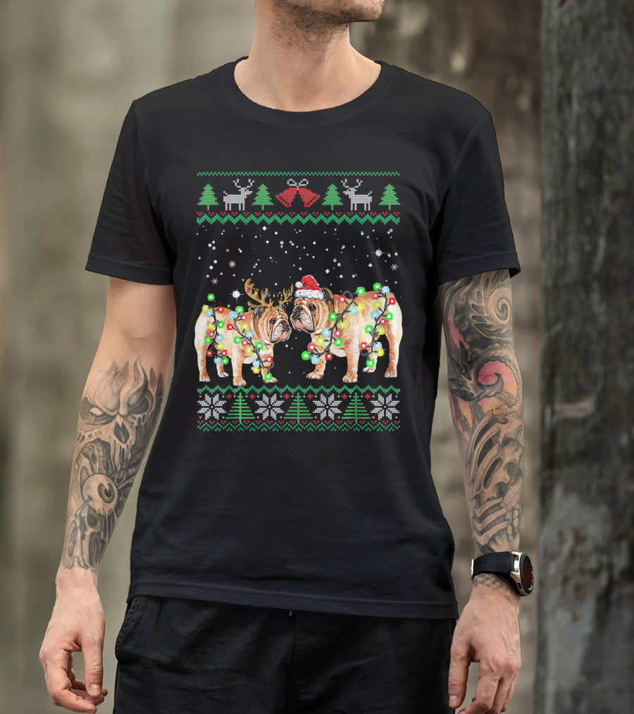 Bulldog Ugly Christmas Sweater With Santa Hat And Reindeer Antlers T-Shirt