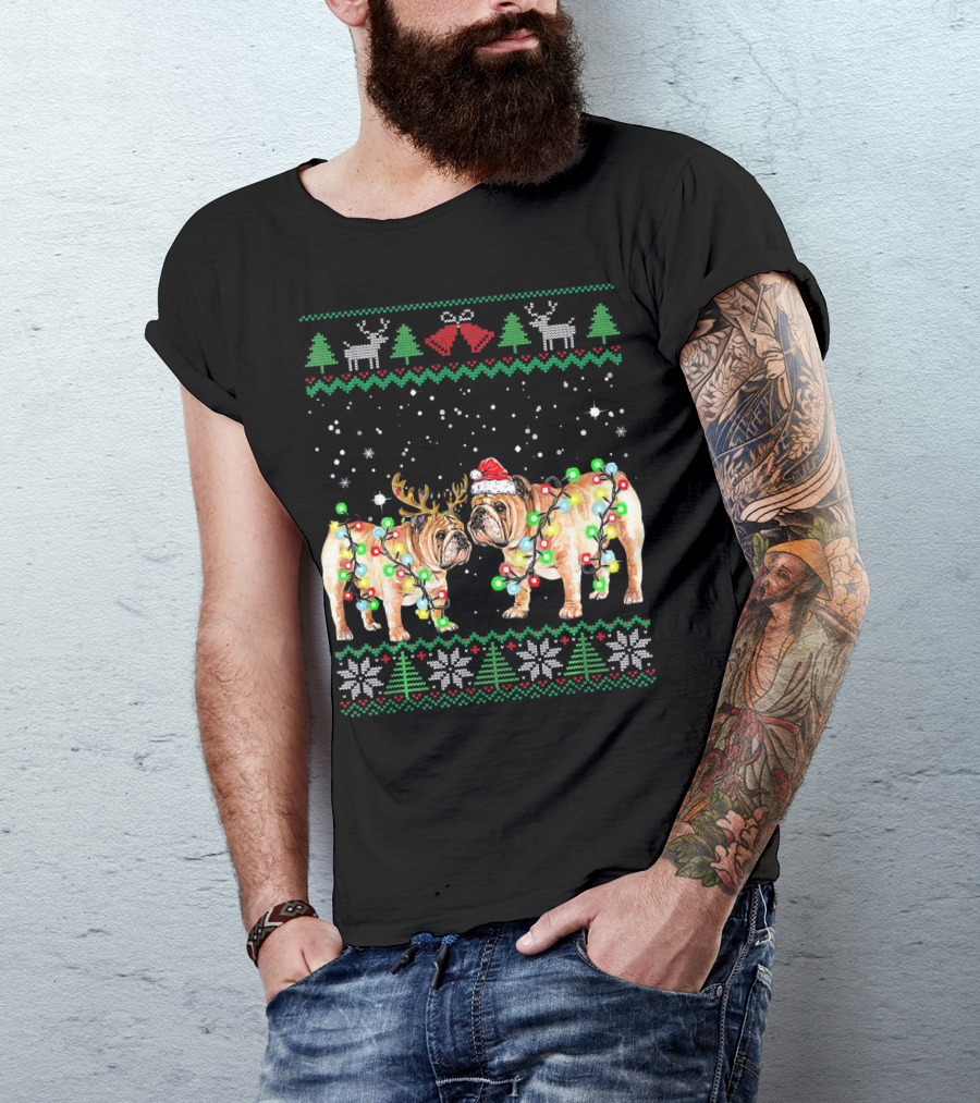 Bulldog Ugly Christmas Sweater With Santa Hat And Reindeer Antlers T-Shirt
