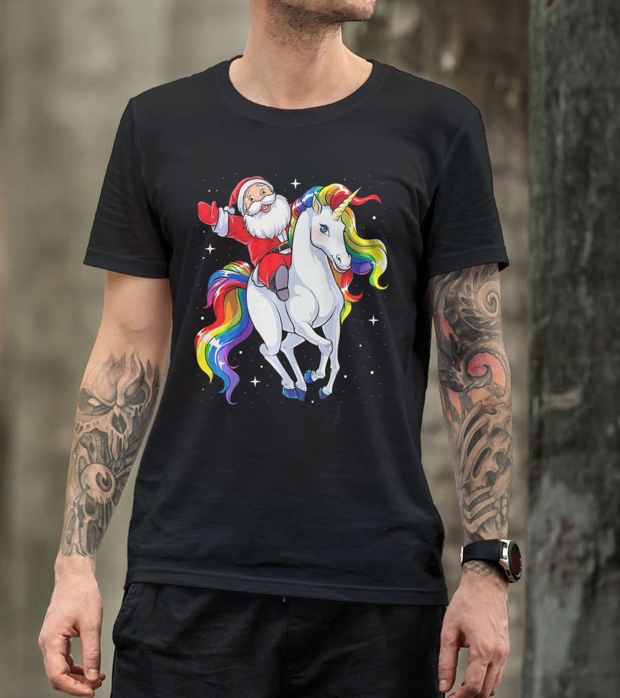 Santa Riding Magical Rainbow Unicorn T-Shirt