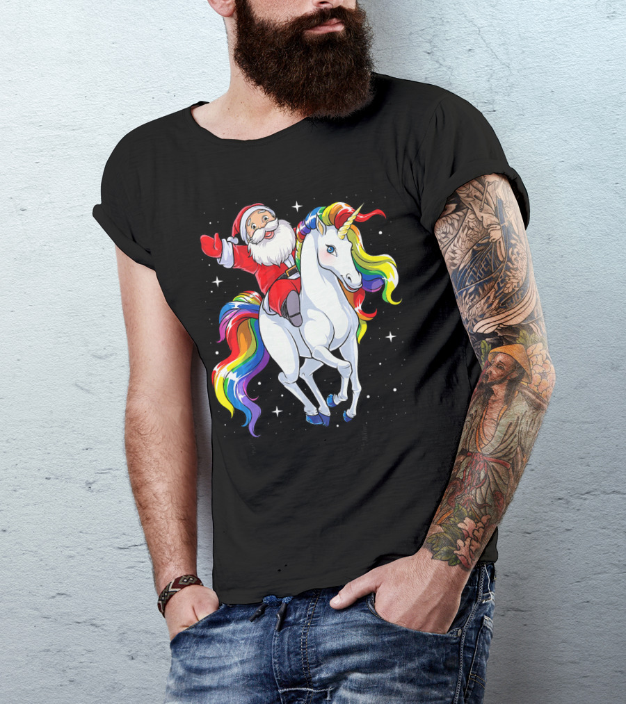 Santa Riding Magical Rainbow Unicorn T-Shirt