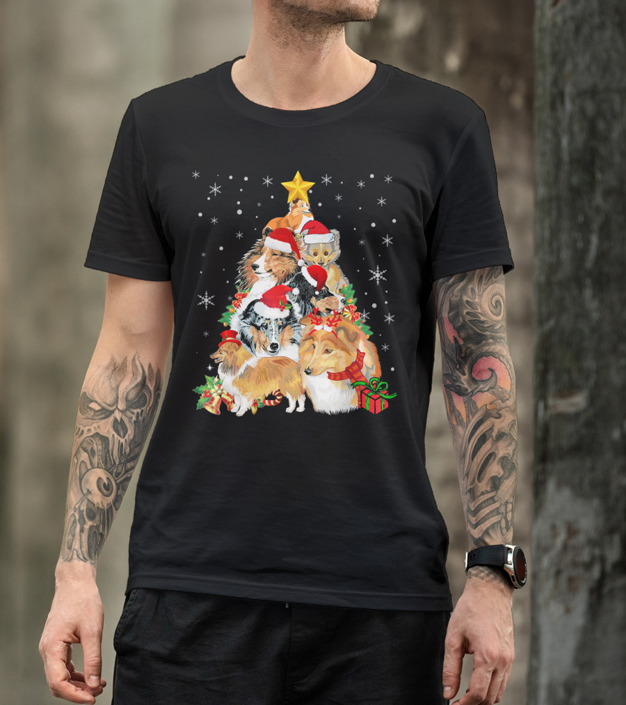 Sheltie Dogs In Santa Hats Forming Christmas Tree With Stars And Gifts T-Shirt
