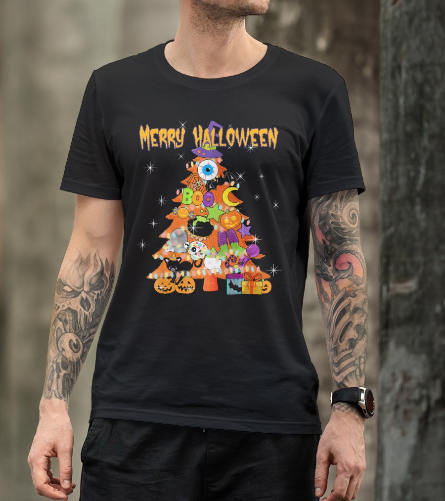 Merry Halloween Tree With Cute Boo Decorations And Spooky Elements T-Shirt