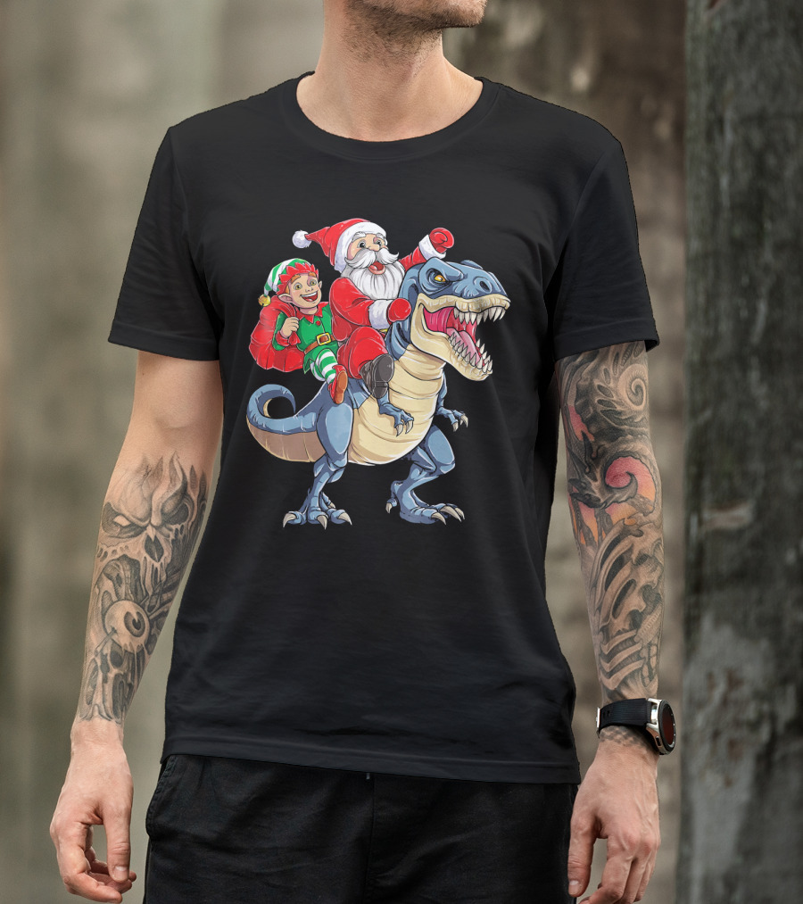 Santa Elf Riding Dinosaur Christmas Boys T-Shirt
