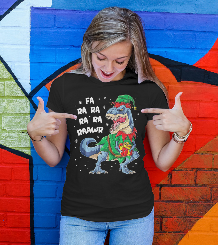 Fa Ra Ra Ra Ra Rawr Dinosaur Christmas Elf With Gift T-Shirt