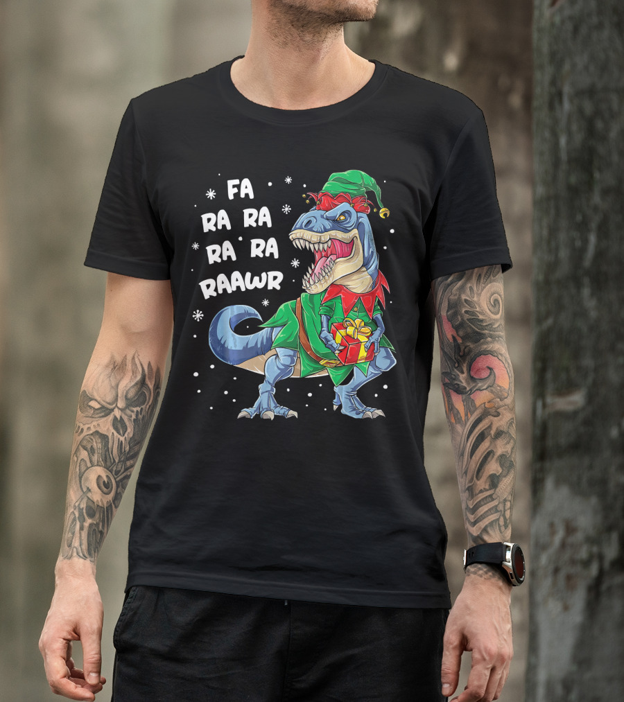 Fa Ra Ra Ra Ra Rawr Dinosaur Christmas Elf With Gift T-Shirt