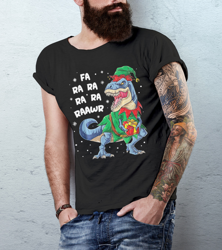 Fa Ra Ra Ra Ra Rawr Dinosaur Christmas Elf With Gift T-Shirt