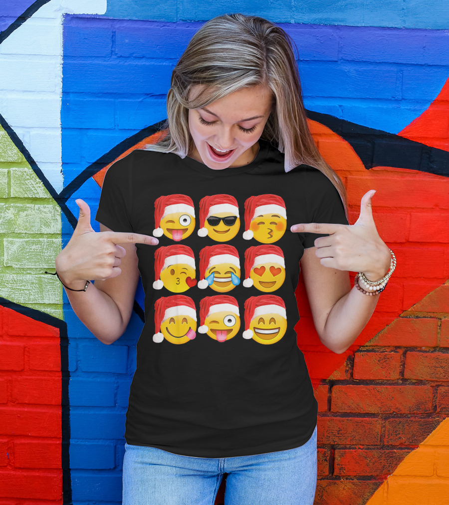Emoji Christmas Santa Hats Heart Eyes Kiss Faces T-Shirt