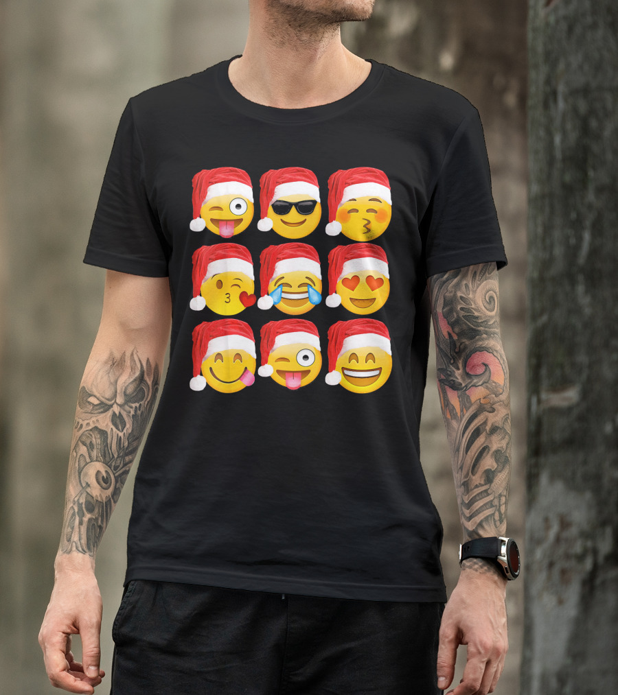 Emoji Christmas Santa Hats Heart Eyes Kiss Faces T-Shirt