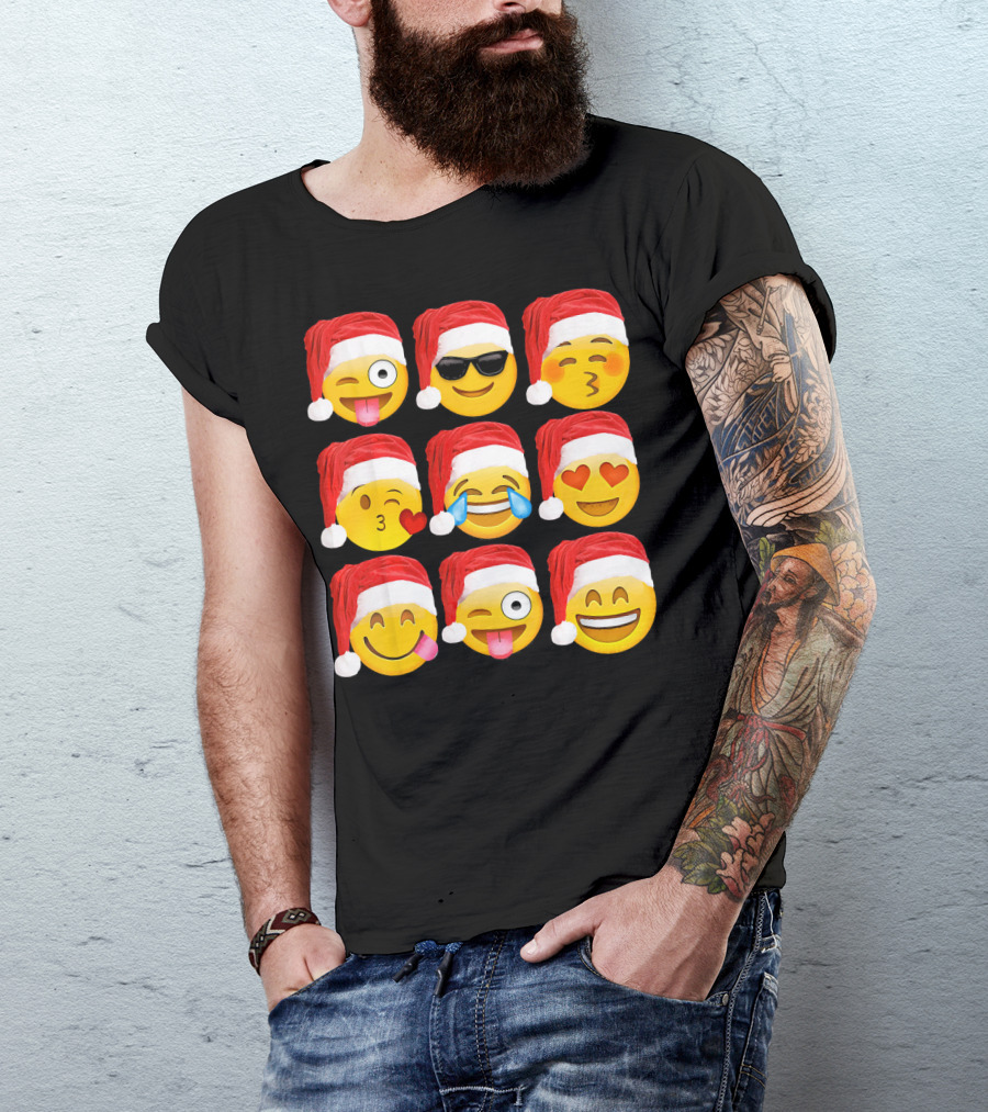Emoji Christmas Santa Hats Heart Eyes Kiss Faces T-Shirt
