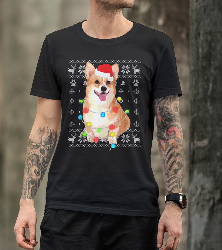 Corgi UglyStyle Christmas Lights Snowflakes Reindeer Dog T-Shirt
