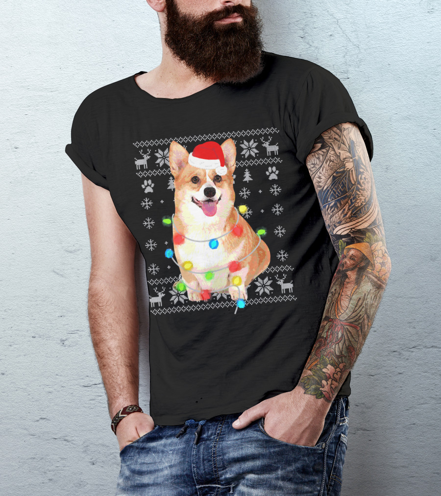 Corgi UglyStyle Christmas Lights Snowflakes Reindeer Dog T-Shirt