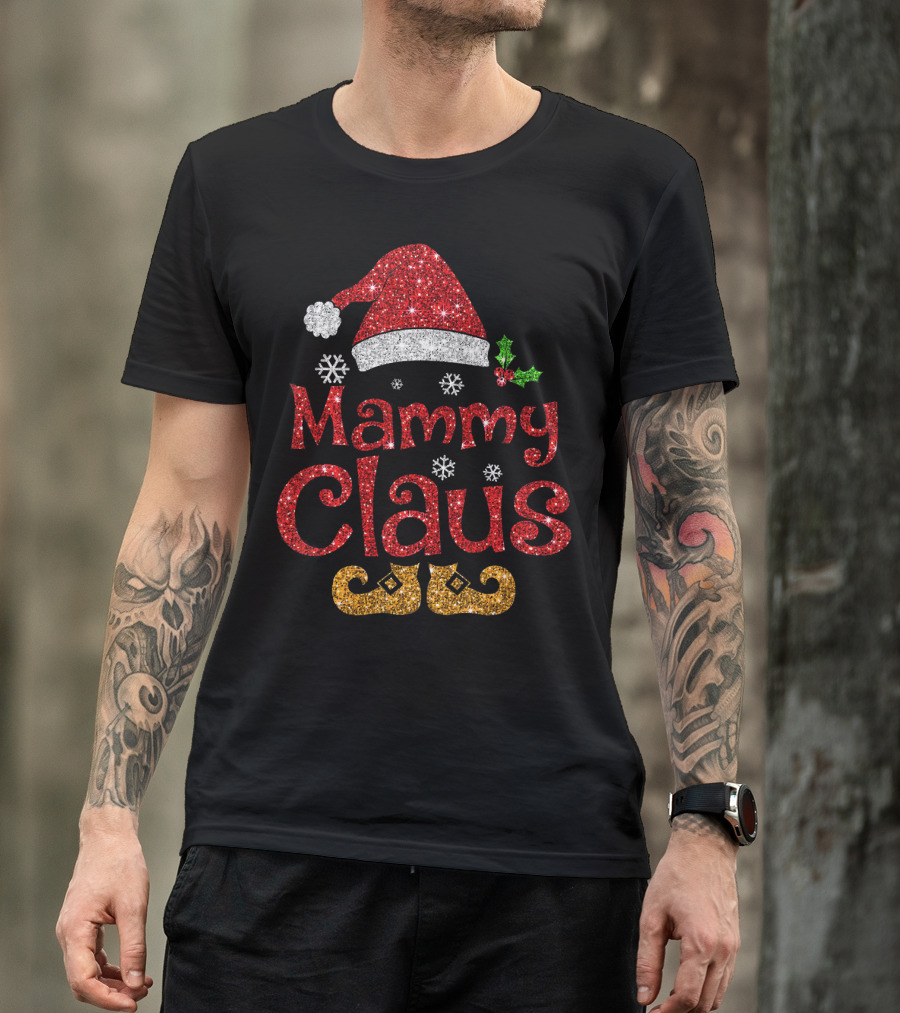 Mammy Claus Funny Santa Hat Snowflakes Holly Glitter Red Gold T-Shirt